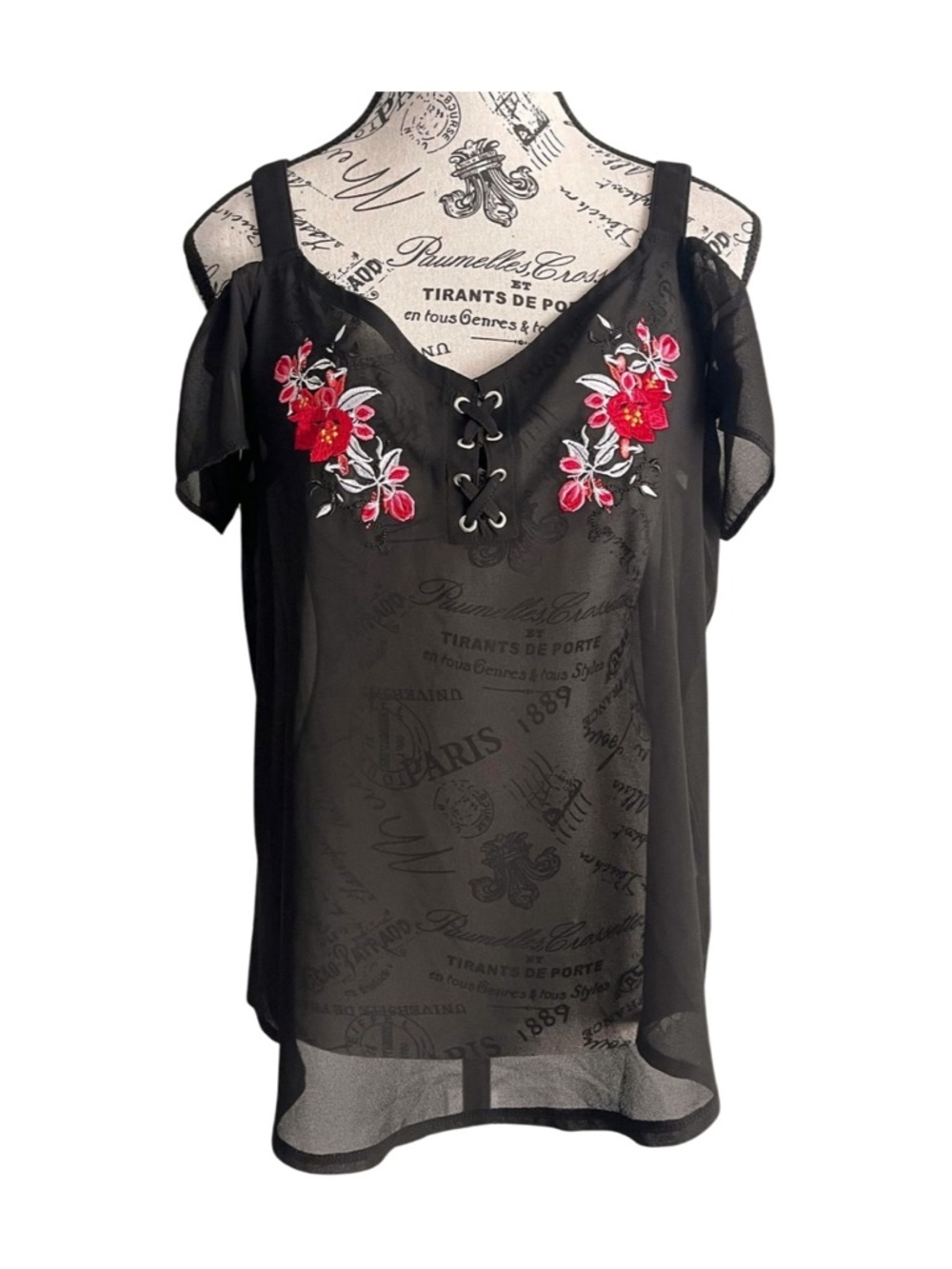 Y2K Sheer mesh black embroidered off shoulder blouse lace up floral goth boho